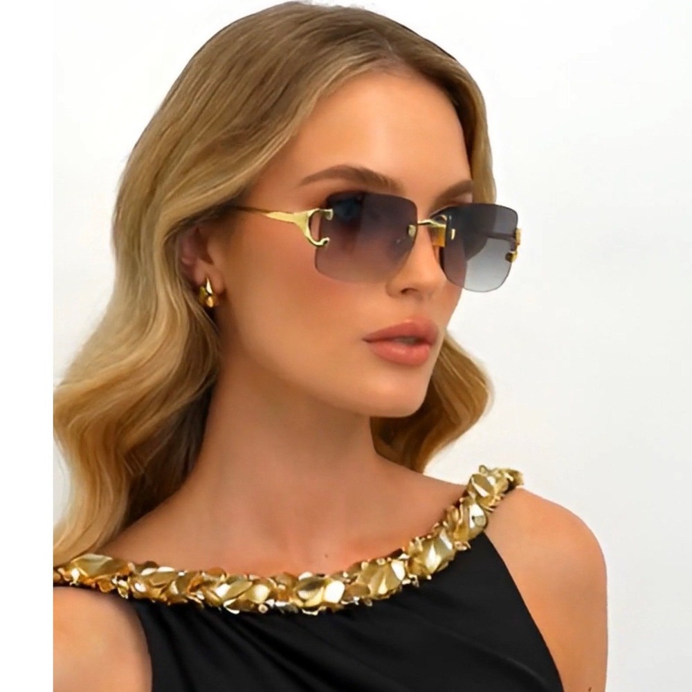 Women Rimless‎ Rectangle Sunglasses Gold Frame Green Lens Fashion Shades Street